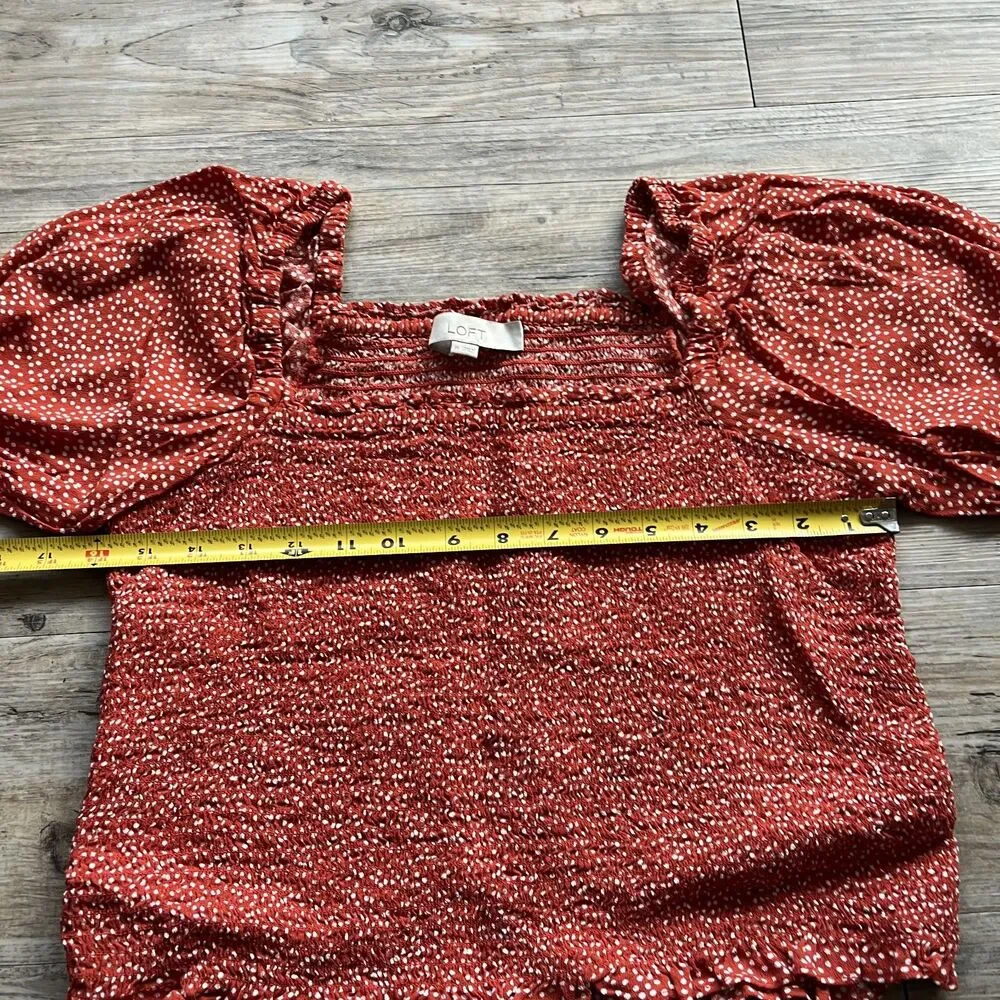 LOFT Puff Sleeve Dotted Smocked Top and Skirt SET Medium Red Orange White